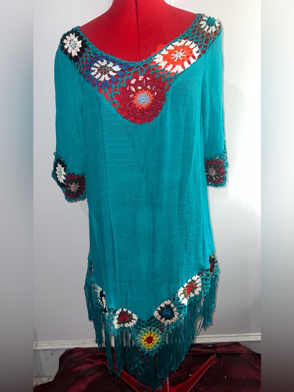 NWT Lola Love Turquoise Crochet Trim Fringe Tunic Dress size small
